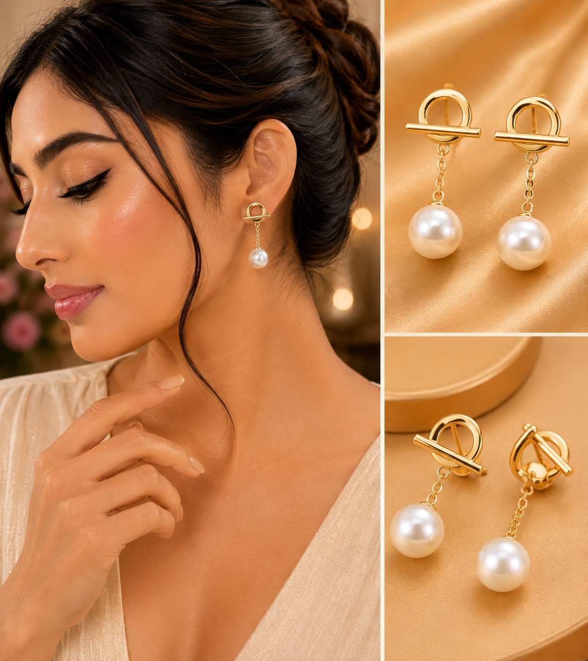 Geometric Pearl Drop Gold-Tone Earrings